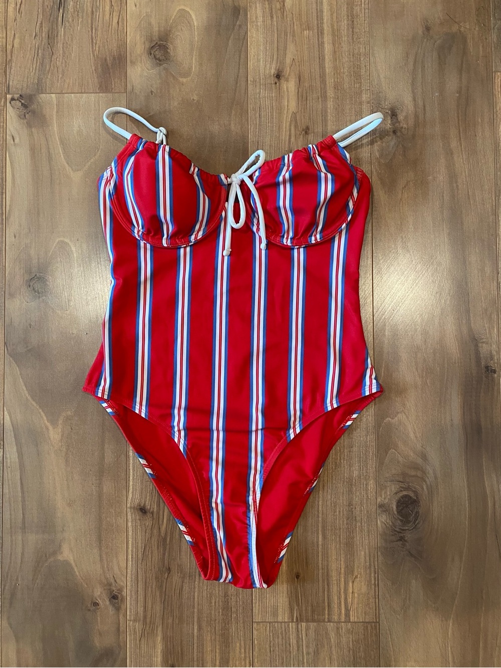 No Boundaries Red Stripe One-Piece Swimsuit with White Accents M
